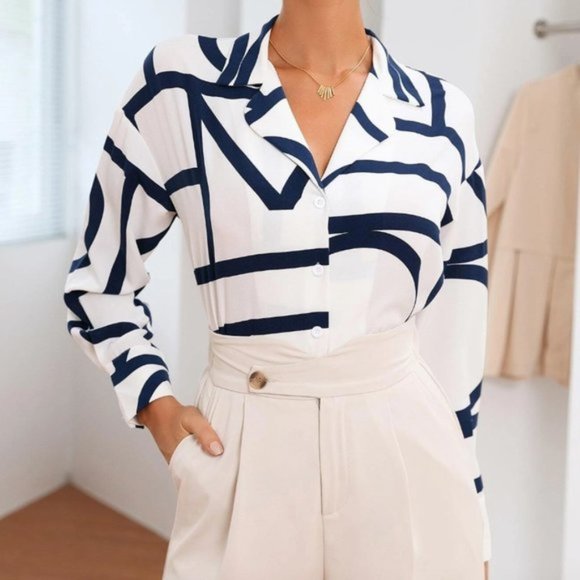 Tops - Blue And White Button Down Blouse